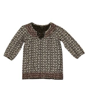 Lucky Brand 3/4 Sleeve V Neck Geometric Burgundy Black Tan Women’s Size Medium